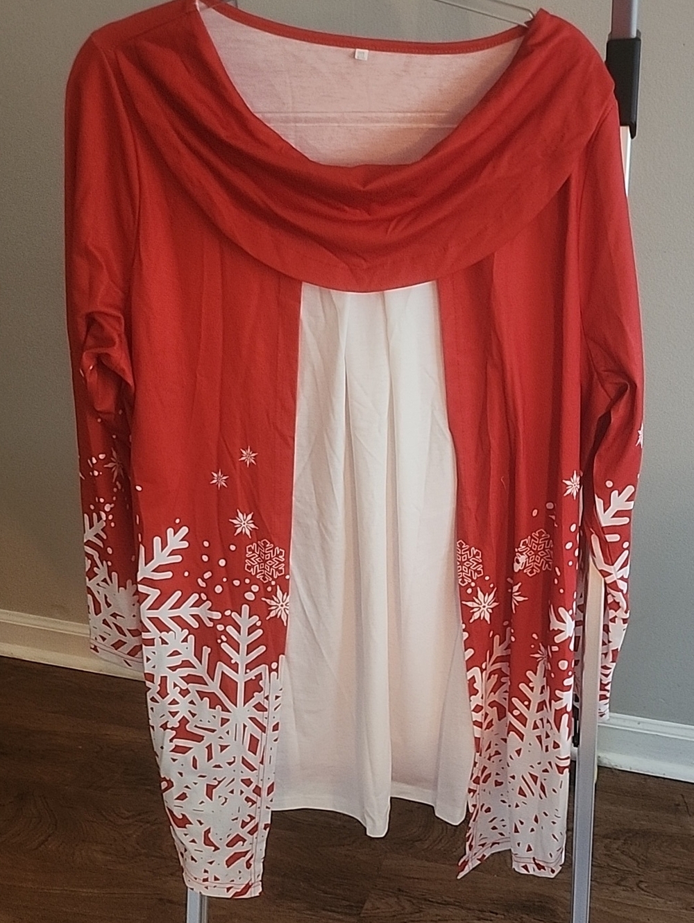 Red and White Snowflake Drape Front Women's Sweater